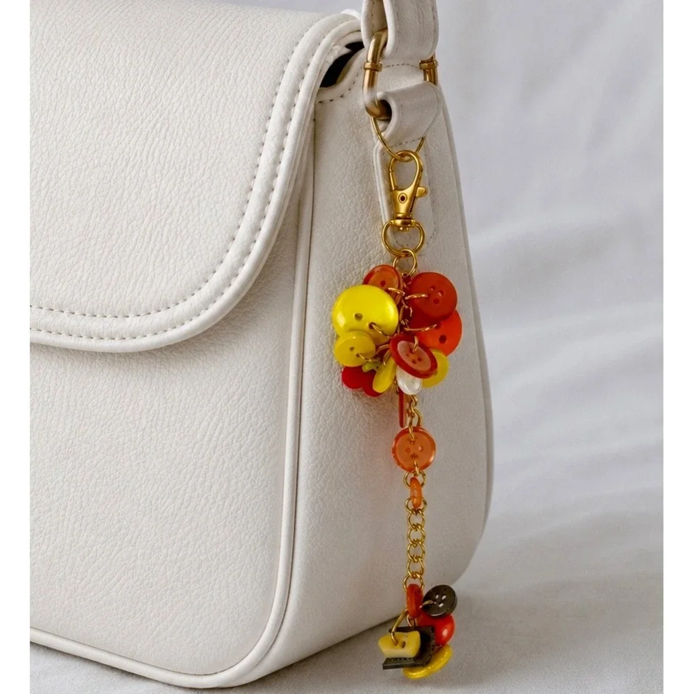 Handmade Multi Color Button Bag Charm Keychain Yellow Orange Red Gold Tone